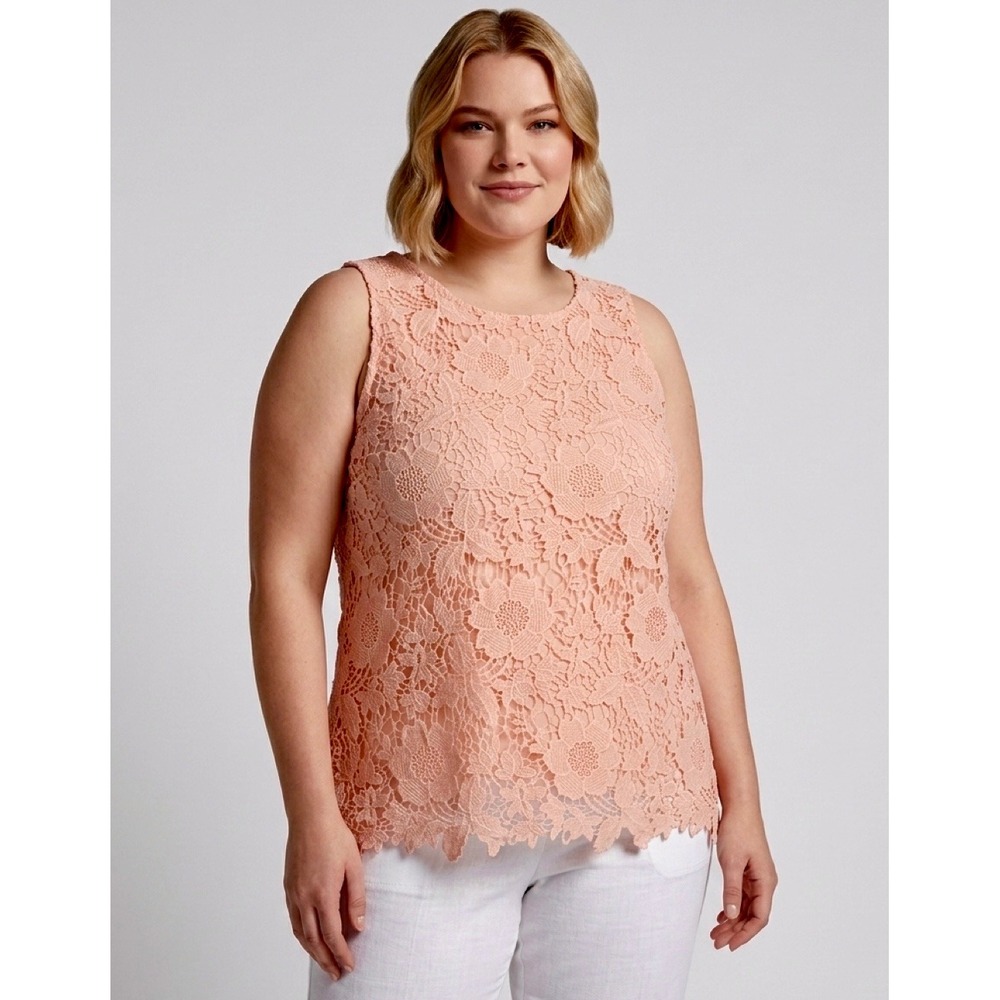 Woman's Alfani Peach Floral Lace Sleeveless Blouse Top Plus Size 16W